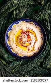 Hummus, ChHummus, Chickpea Dip, With Spices In A Plate. Top View. 