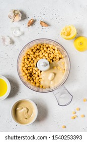 Hummus Ingredients, Houmous Being Made In A Food Processor