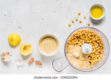 Hummus Ingredients, Houmous Being Made In A Food Processor, Copy Space For Your Text