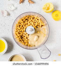 Hummus Ingredients, Houmous Being Made In A Food Processor, Square