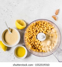 Hummus Ingredients, Houmous Being Made In A Food Processor, Square