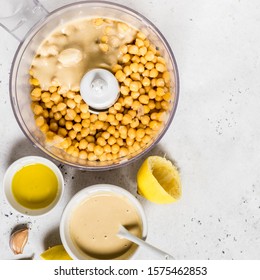 Hummus Ingredients, Houmous Being Made In A Food Processor, Square