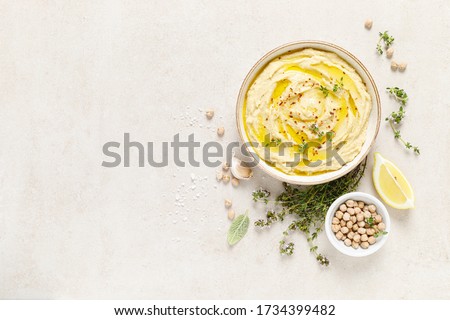 Hummus, mashed chickpeas with lemon, spices and herbs Stok fotoğraf © 