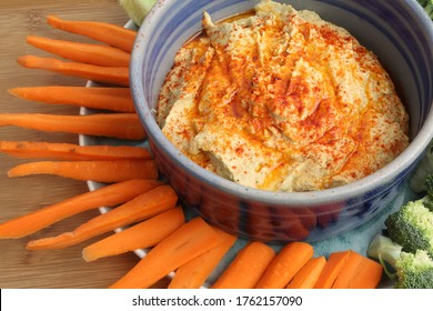 Hummus Plate With Carrot Sticks And Brocoli