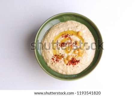 Hummus plate, top view, isolated on white, humus Stok fotoğraf © 