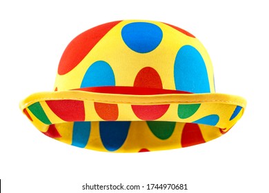 Humorous headgear concept with floating clown bowler hat in red, blue, green and yellow colors  isolated on white background with clipping path cutout using the ghost mannequin technique - Powered by Shutterstock