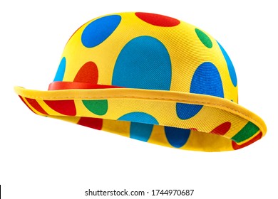 Humorous headgear concept with floating clown bowler hat in red, blue, green and yellow colors  isolated on white background with clipping path cutout using the ghost mannequin technique - Powered by Shutterstock