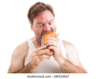 Humorous Photo Of A Scruffy Unshaven Man In His Undershirt, Eating A Big Submarine Hoagie Sandwich.  Isolated On White.  