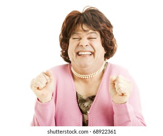 Humorous Picture Of A Person In A Wig Who Is Really Excited. Isolated On White.