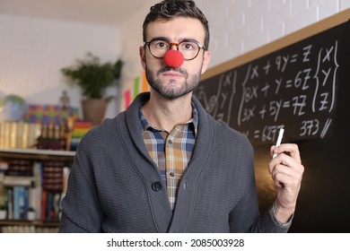 Humorous Teacher Wearing Red Clown Nose 