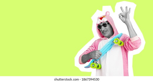 Humour. Senior Man In Funny Suit Like Pink Pantera Isolated On Green Background. Collage In Magazine Style. Flyer With Trendy Colors. Copy Space For Ad. Fashion And Style Concept.