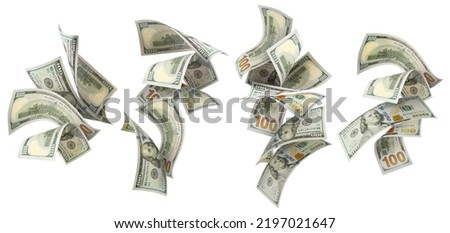 Hundred American dollars banknotes flying set, isolated on white background