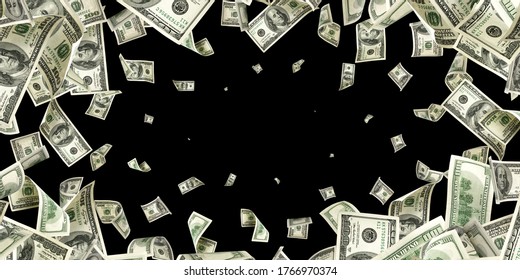 Hundred Dollar Bill. Falling Money Isolated On Black Background. American Cash.