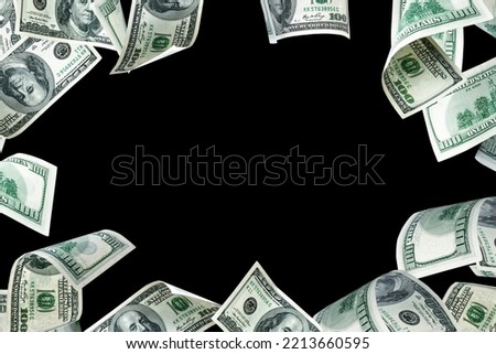 Hundred dollar bill. Falling money isolated on black background. American cash