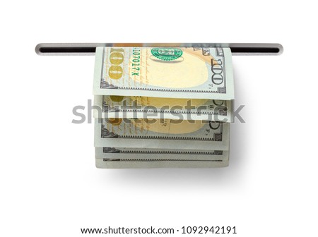 Hundred Dollar Bills Comming out a ATM Slot Isolated on White Background.