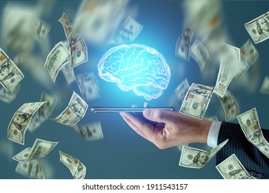 Hundred dollar bills fall on a smartphone with a Brain hologram. Technology concept, exchange of knowledge for money, business