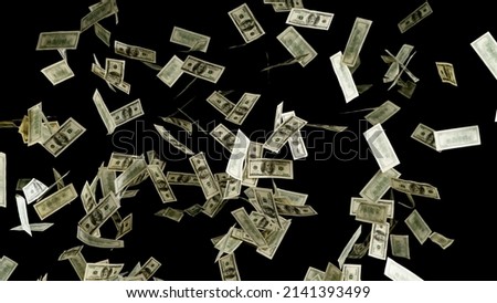 Hundred dollars banknotes fly on black background. money rain concept