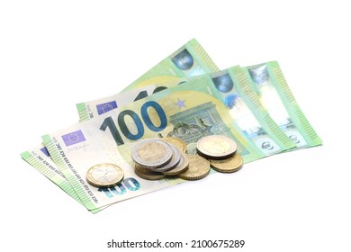 Hundred euro banknotes, bills with change, cash paper money and coins isolated on white  