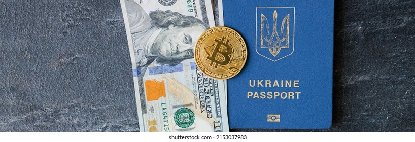 Hundred US Dollar Bill Inside Ukrainian Passport And Bitcoin. Bribe During The War