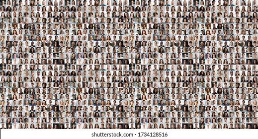 Setki wielorasowych ludzi tłum portrety kolekcja zdjęć głowy, mozaika kolażu. Wiele wielokulturowych różnych mężczyzn i kobiet uśmiechniętych twarzy patrząc na kamerę. Różnorodność i koncepcja społeczeństwa.