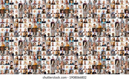 Hundreds multiracial people crowd portraits headshots collection  collage mosaic  Many lot multicultural different male   female smiling faces looking at camera  Diversity   society concept