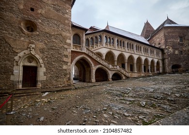 Hunedoara, Romania. January 8-2022. Corvinilor Castle, also called Huniazilor Castle. Is the medieval fortress of Hunedoara, one of the most important monuments of Gothic architecture in Romania.