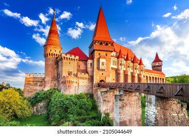Hunedoara, Romania. Summer sunny sightseeing with Hunyad Corvin Castle, Hunedoara, medieval Transylvania.