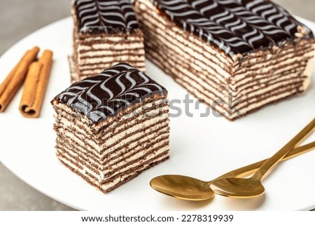 Hungarian Cake, Chocolate honey layer cake, sweet pastry and desserts concept,