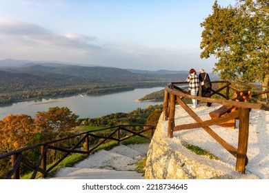 hungarian hiking trail next to Visegrád castle in Hungary over the Danube river with Pilis Börzsöny mountains with people . - Shutterstock ID 2218734645