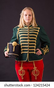 Hungarian Hussar Woman Posing In Studio