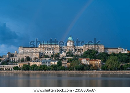 The Hungarian National Gallery in the former Royal palace of the Hungarian kingdom with rainbow and the Danube