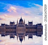 The Hungarian Parliament in Budapest in a mirror image