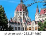 Hungarian Parliament Building in Budapest with Gothic Revival Architecture and Greenery in Foreground