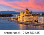 Hungarian parliament building and Danube river at sunset, Budapest, Hungary