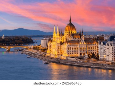 Hungarian parliament building and Danube river at sunset, Budapest, Hungary - Powered by Shutterstock