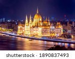 Hungarian Parliament building at night, Budapest, Hungary