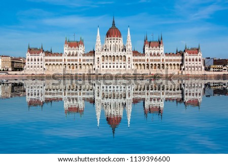 Hungarian Parliament Building with reflection in Danube river, Budapest, Hungary