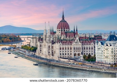 Hungarian parliament and Danube river at sunset, Budapest, Hungary