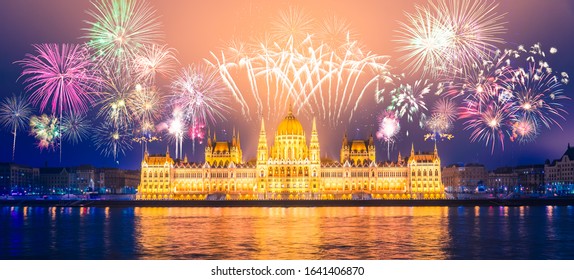 Hungarian parliament with fireworks. Budapest - Powered by Shutterstock