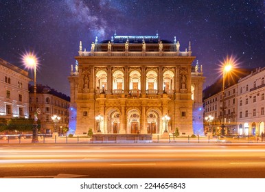 The Hungarian Royal State Opera House in Budapest, Hungary at night, considered one of the architect's masterpieces and one of the most beautiful in Europe.