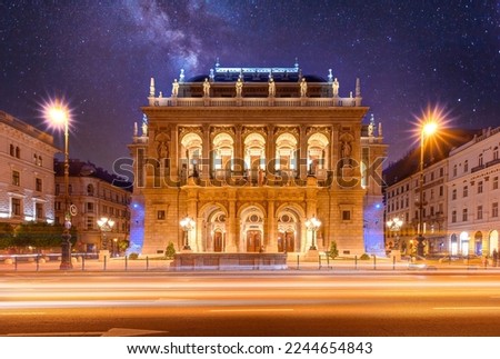 The Hungarian Royal State Opera House in Budapest, Hungary at night, considered one of the architect's masterpieces and one of the most beautiful in Europe.