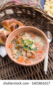 Hungarian Traditional Food, Goulash Soup With Fresh Scone