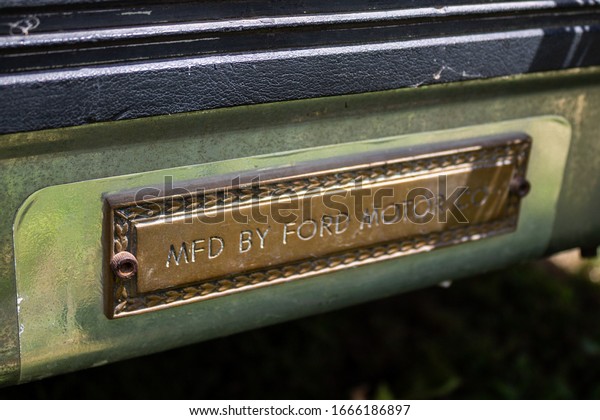Zamárdi/ Hungary -\
06.13.2018\
Old rusty plate from a\
Ford Mustang V8 Cabrio GT, 1967\
-  MFD BY FORD MOTORS CO.\
Muscle car show in Zamárdi, Balaton,\
Hungary.
