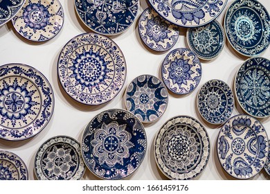 Hollókő, Hungary / 13.04.2019: Traditional Hungarian Handmade Blue Paint Chinaware In Hungary Holloko Shop