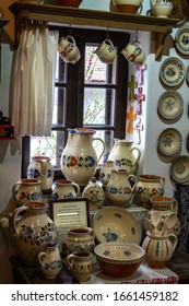 Hollókő, Hungary / 13.04.2019: Traditional Hungarian Handmade Chinaware In Hungary Holloko Shop