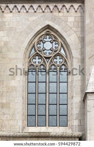 Hungary, Budapest, Matthias Church Gothic window detail.