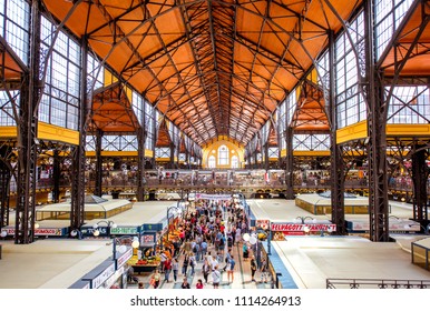 HUNGARY, BUDAPEST - MAY 19, 2018: Interior Of The Famous Great Market Hall Crowded With People, This Building Is Largest And Oldest Indoor Market In Budapest, Hungary