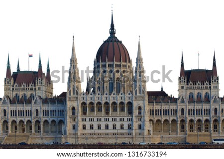 Hungary, Budapest Parliament view from Danube river. On white isolated background