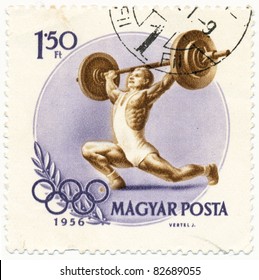 HUNGARY- CIRCA 1956: A Stamp Printed In Hungary Shows Weight Lifting, Series 16th Olympic Games At Melbourne, Circa 1956