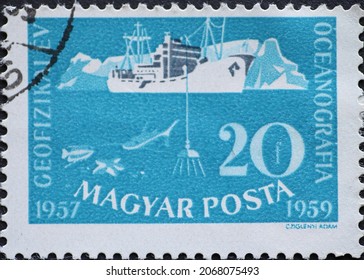 Hungary Circa 1959: A Post Stamp Printed In Hungary Showing A Deep Sea Exploration: Research Vessel And Iceberg During The International Geophysical Year 